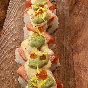 Kingyo - PRESSED SALMON SUSHI – SEARED SOCKYE SALMON PRESSED SUSHI TOPPED WITH ORIGINAL JALAPENO MAYO, YUZU-KOSHO GUACAMOLE & IKURA - Japanese Near Me - Vancouver, British Columbia Kingyo - PRESSED SALMON SUSHI – SEARED SOCKYE SALMON PRESSED SUSHI TOPPED WITH ORIGINAL JALAPENO MAYO, YUZU-KOSHO GUACAMOLE & IKURA - Japanese Near Me - Vancouver, British Columbia