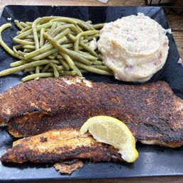 Blackened triple tail with mashed potatoes and green beans. Blackened triple tail with mashed potatoes and green beans.