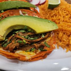 Birria tacos and rice and beans