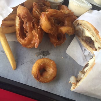 Broiler Bay - Phili cheese steak with mix fries and onion rings - Burgers Near Me - Bellevue, Washington Broiler Bay - Phili cheese steak with mix fries and onion rings - Burgers Near Me - Bellevue, Washington