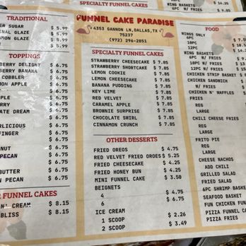 Funnel Cake Paradise - a menu for a variety of cakes - Bakeries Near Me - Dallas, Texas