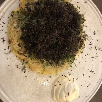 Winterspring - Crispy potato - IE a layer of omelette, a layer of thin crispy lacey potato, a layer of shaved truffle with herbs - Desserts Near Me - København