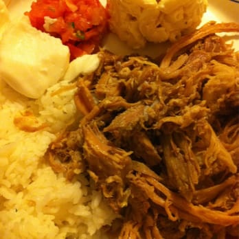 Aloha Mixed Plate - Traditional Hawaiian dish... Pork, macaroni salad, salmon, rice with coconut jello dessert. - Hawaiian Near Me - Lahaina, Hawaii