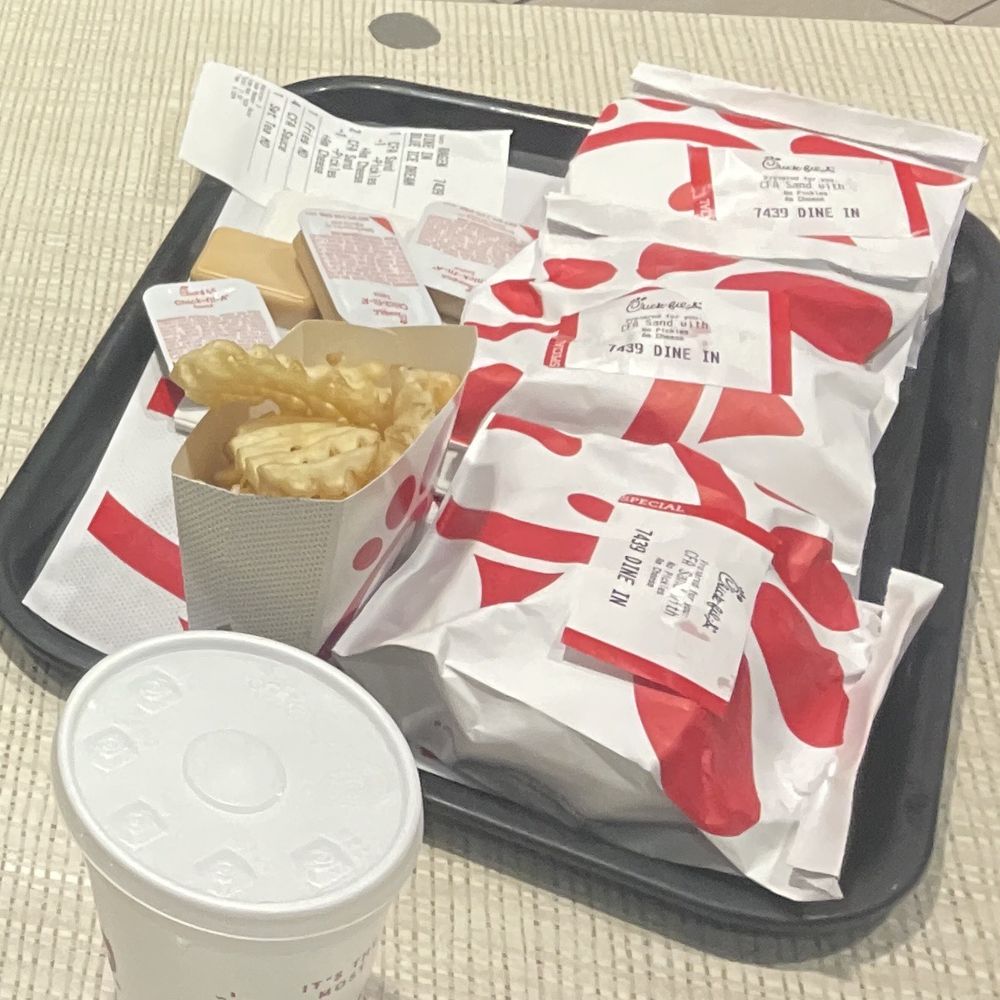 Chick-fil-A Chicken Sandwich, Chick-fil-A Waffle Potato Fries, cup of water