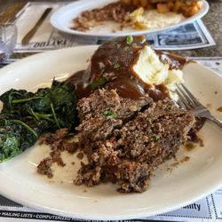 Lina's Place - Meatloaf, mashed potato and garlic spinach.