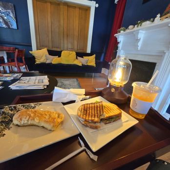 Jenay's Coffeehouse - Chicken pesto panini, bear claw (I believe) and the white lavender peach iced tea - Desserts Near Me - Suffolk, Virginia Jenay's Coffeehouse - Chicken pesto panini, bear claw (I believe) and the white lavender peach iced tea - Desserts Near Me - Suffolk, Virginia