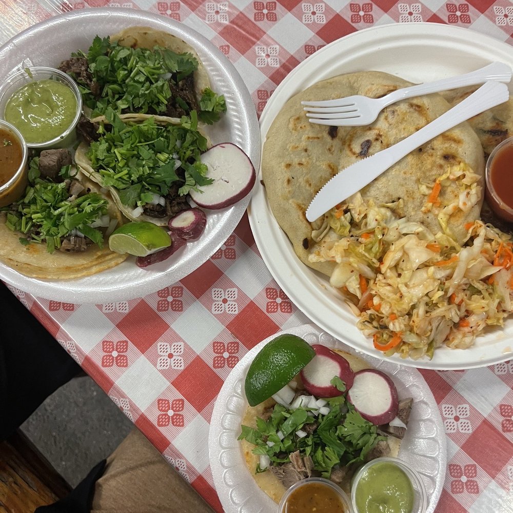 Carne Asada tacos, lengua taco, and papusas Carne Asada tacos, lengua taco, and papusas