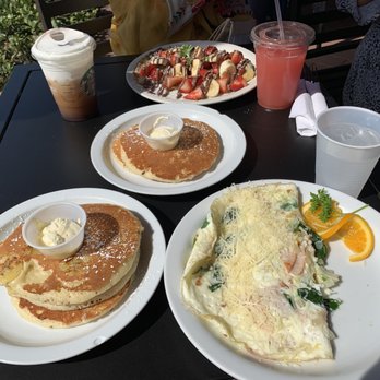 Stacks Pancake House - Fitness omelette with the side of banana pancake. Strawberry, Banana and Nutella Crepe in the back with Guava juice - Breakfast & Brunch Near Me - Irvine, California Stacks Pancake House - Fitness omelette with the side of banana pancake. Strawberry, Banana and Nutella Crepe in the back with Guava juice - Breakfast & Brunch Near Me - Irvine, California
