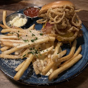 Eureka! - Cowboy burger with truffle fries - Bars Near Me - Cerritos, California Eureka! - Cowboy burger with truffle fries - Bars Near Me - Cerritos, California