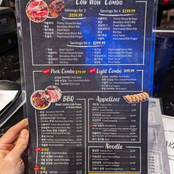 Cow Wow Korean BBQ - Food menu. Page 1 of 2. Korean BBQ combos, a la carte, appetizers, and noodles. They do not do unlimited all-you-can-eat (AYCE) here. - Korean Near Me - Suwanee, Georgia Cow Wow Korean BBQ - Food menu. Page 1 of 2. Korean BBQ combos, a la carte, appetizers, and noodles. They do not do unlimited all-you-can-eat (AYCE) here. - Korean Near Me - Suwanee, Georgia