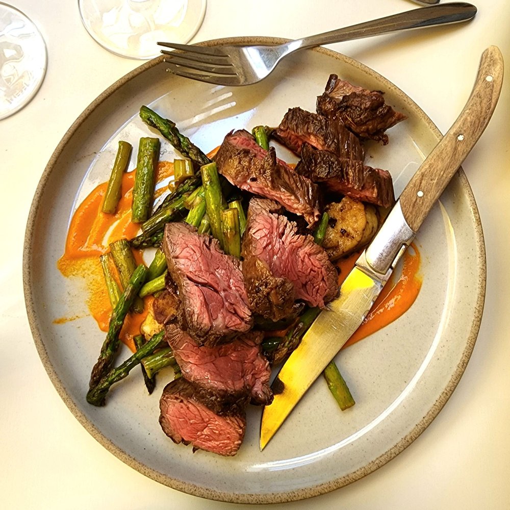 Bar Diane - Hanger steak w truffle panisse, almond romesco, asparagus - Wine Bars Near Me - Portland, Oregon
