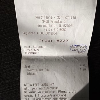 Portillo's - Receipt 1 - Hot Dogs Near Me - Springfield, Illinois