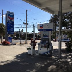 Chevron - Corner of Steiner & California. Sadly they no longer pipe in classical music at the pumps