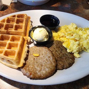 Huckleberry’s breakfast & Lunch - Huck's combo. If you zoom in you can see the waffle is mostly air. The sausage lacked flavor too. - Breakfast & Brunch Near Me - Reno, Nevada