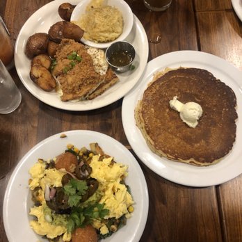 Phoebe's Diner - Chicken Biscuit + a la carte side of Hashbrown Casserole.  Single Pancake, CHORIZO HASH! - Breakfast & Brunch Near Me - Austin, Texas