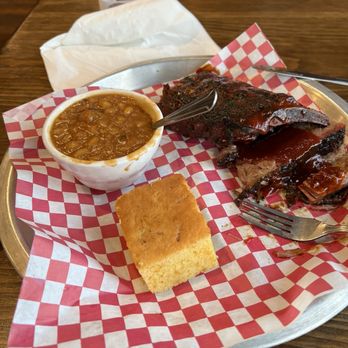 Baldy's Barbeque - Ribs and brisket combo with beans and jalapeño cornbread. (I had a couple bites of the brisket before thinking to get the picture.) - Barbeque Near Me - Bend, Oregon