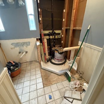 Tile N All - Floor under old shower was repaired and shower valve installed. Can see where pony walls will go. - General Contractors Near Me - Farmers Branch, Texas Tile N All - Floor under old shower was repaired and shower valve installed. Can see where pony walls will go. - General Contractors Near Me - Farmers Branch, Texas