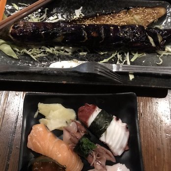 Kamado Sushi - Eggplant appetizer (divine) and my plate of roe, salmon, octopus, firefly squid, and I forgot the last one! - Japanese Near Me - Berkeley, California Kamado Sushi - Eggplant appetizer (divine) and my plate of roe, salmon, octopus, firefly squid, and I forgot the last one! - Japanese Near Me - Berkeley, California