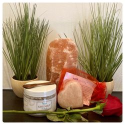 The Salt Suite - SaltSuite Coconut Scrub w/Spoon; SaltSuite Heart Shaped Himalayan Salt Stone and a beautiful Valentine's Day Rose.