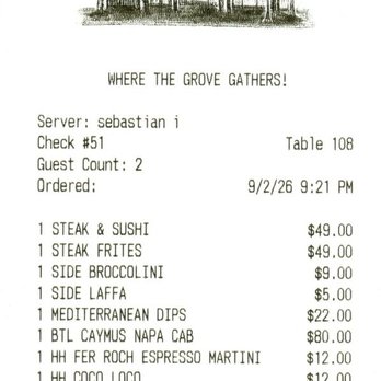 Grand Public - Bill pre-gratuity:  2 entrees, a side of broccolini, extra order of laffa, Med. dips app, 1/2 price bottle of Caymus, 2 Happy Hr cocktails. - American Near Me - Miami, Florida