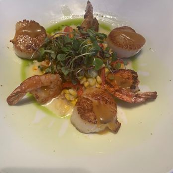 Chart House - Peach bourbon glazed shrimp and scallops with corn salsa and micro greens - Seafood Near Me - Alexandria, Virginia Chart House - Peach bourbon glazed shrimp and scallops with corn salsa and micro greens - Seafood Near Me - Alexandria, Virginia