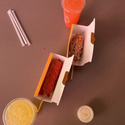 Kong Dog - Sweet potato & Hot Cheeto kong dog with a strawberry and mango lemonade