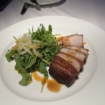 Montrio - Miso Glazed Pork Belly $23.00 Pickled apple arugula salad, garlic chili oil - New American Near Me - Monterey, California