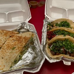 Tacos Nicole - Chicken quesadillas and 3 Tacos Chicken, Pork and Mexican sausage.