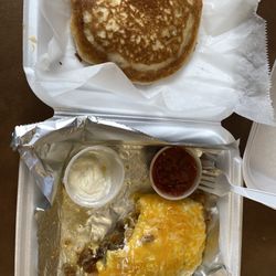 Egg King Cafe - King's delight steak omelet And a pancake