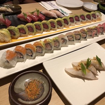 Sushi Enya - Pasadena - Rainbow roll, 911 roll, Black Cod (front), Yellowtail, and Tuna with Ponzu - Sushi Bars Near Me - Pasadena, California