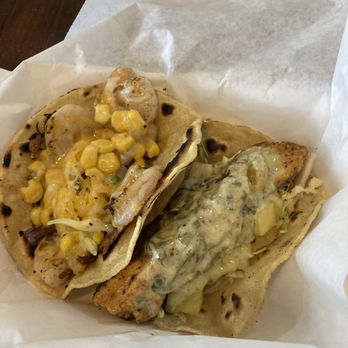 Ephen Tacos SmokeHouse Junction - Shrimp taco has the corn on it and the battered cod is on the right. - Barbeque Near Me - Ridgecrest, California Ephen Tacos SmokeHouse Junction - Shrimp taco has the corn on it and the battered cod is on the right. - Barbeque Near Me - Ridgecrest, California