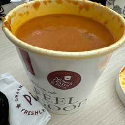 Labeled as tumeric chicken and farro but ended up being a tomato soup. Labeled as tumeric chicken and farro but ended up being a tomato soup.