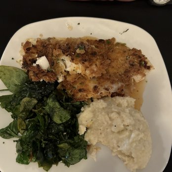 Islands Fish Grill - Onion Crusted triggerfish with Chef Grits and Fried Spinach - Seafood Near Me - Indialantic, Florida
