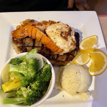 Sealand Seafood & Steak Restaurant - Sirloin steak with a lobster tail, mashed potatoes & steamed vegetables - Seafood Near Me - Brenham, Texas
