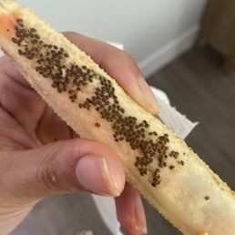 a person holding a banana with seeds on it a person holding a banana with seeds on it