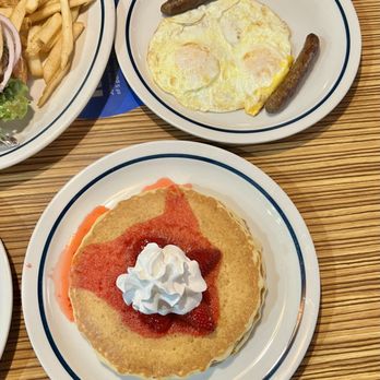 IHOP - Rooty Tooty Fresh 'N Fruity Pancake Combo with Glazed Strawberries, Eggs Over Easy, and Sausage. - Breakfast & Brunch Near Me - Newark, California IHOP - Rooty Tooty Fresh 'N Fruity Pancake Combo with Glazed Strawberries, Eggs Over Easy, and Sausage. - Breakfast & Brunch Near Me - Newark, California