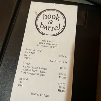 Hook & Barrel - My check which didn't include the crème brûlée dessert. - Seafood Near Me - Myrtle Beach, South Carolina