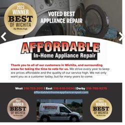 Affordable In-Home Appliance Repair - Voted best of Wichita's Gold badge, winner for Best Appliance Repair service.