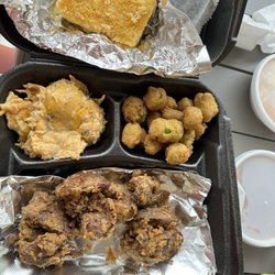 Auntie’s Soul Food - Chicken Livers, okra and squash casserole with corn bread