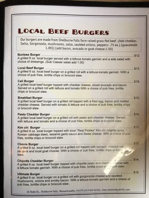 Menu photo 3 West End Pub Shelburne Falls, MA