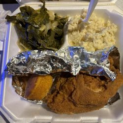 Peachtree Cafe'teria - Yup.. faithful chicken & potatoes with white gravy and 1/2 cabbage & greens mix!