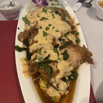 Chao Phya Thai Restaurant - Delicious fish served with Raspberry capote and noodles underneath - Thai Near Me - Kaneohe, Hawaii