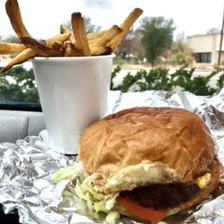 MOOYAH Burgers, Fries & Shakes - Cheeseburger & fries