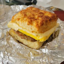 The Studio Cafe - Sausage egg and cheese on a biscuit