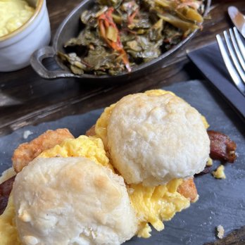 Blvd Bistro - Biscuit Sandwich with fried chicken and a side of smoked turkey collard greens. - American Near Me - New York, New York