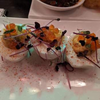 Misuta Chow's - Deviled eggs with salmon roe - Bars Near Me - Buffalo, New York Misuta Chow's - Deviled eggs with salmon roe - Bars Near Me - Buffalo, New York