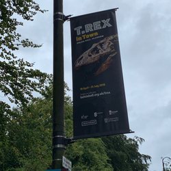 Kelvin Hall International Sports Arena - Banner along the street in Glasgow for the April to July 2019 T-rex exhibit at Kelvin Hall.