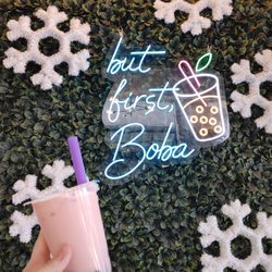 East Coast Tea Bar - Rose milk tea taken in front of their lighted wall