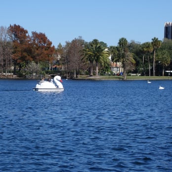 Lake Eola Park - Lake Eola swan boat and real swans, February 2016. - Parks Near Me - Orlando, Florida