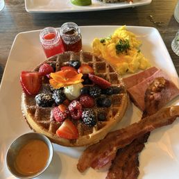 Waffle, berries, and buttery eggs and crying tiger fried rice! Waffle, berries, and buttery eggs and crying tiger fried rice!